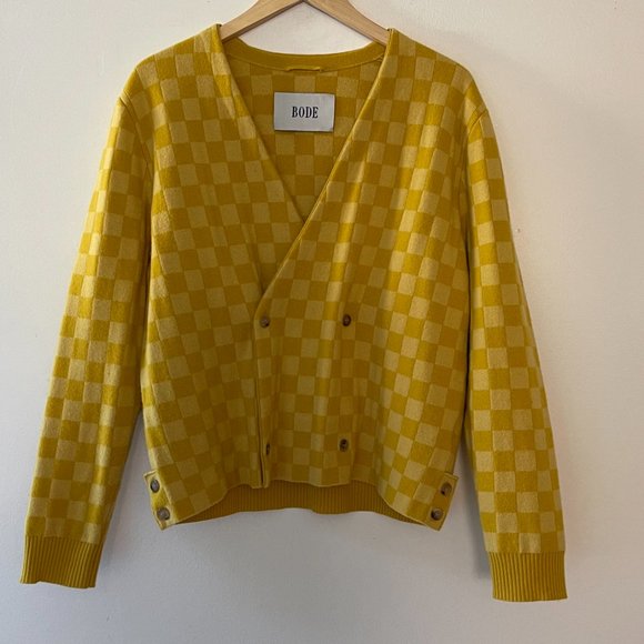Bode - Yellow Duotone Checkerboard Cardigan - Picture 2 of 5
